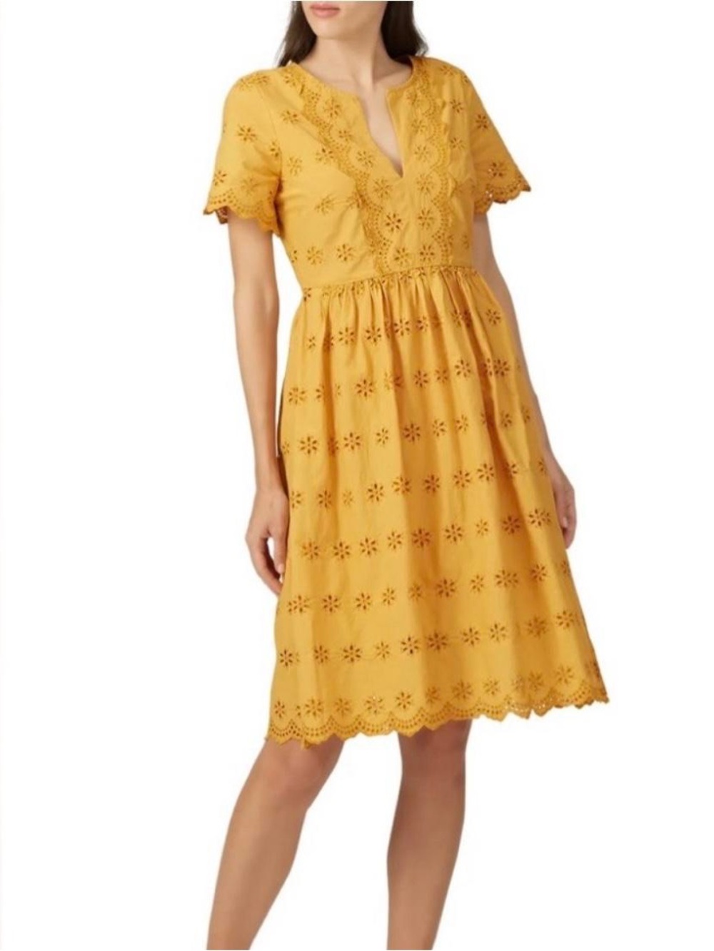 Madewell Mustard Eyelet V‑Neck Short Sleeve Dress Size 12 Cotton Fall